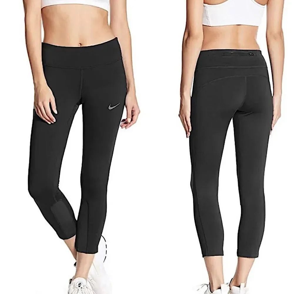 Nike Power Epic Crop mesh running Leggings 938602-010 Black back zipper pocket S